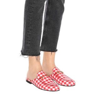 GUCCI PRINCETOWN CHECK FABRIC SLIPPER IN RED&WHITE.size 35.Brand NEW